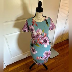 PinkBlush teal & pink floral fitted maternity dress M Medium